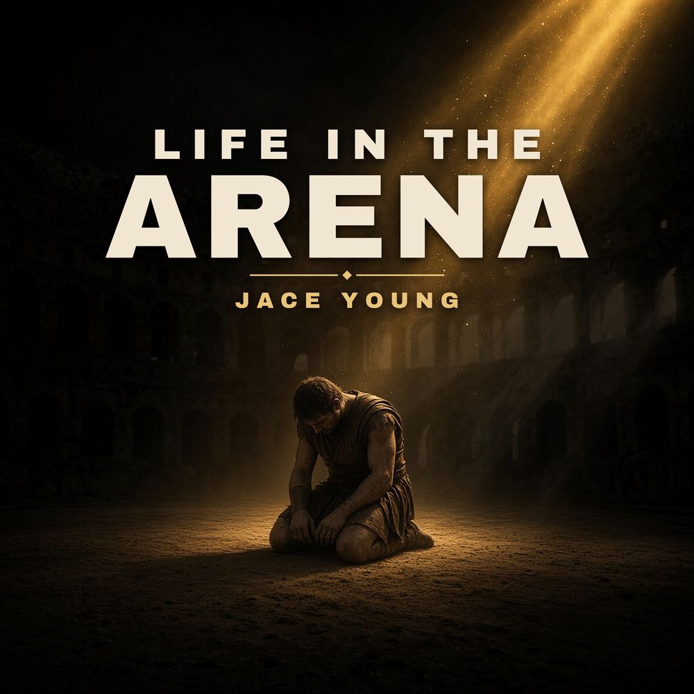 Life in the Arena podcast cover: a gladiator kneeling in an empty arena under a beam of gold light
